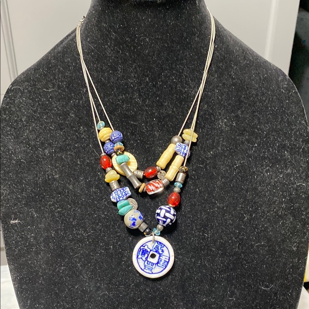 Chico's Blue and Red Layered Necklace with Pendant